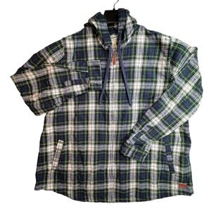 LL Bean Scotch Plaid Hooded Flannel Relaxed Zip Jacket Green Blue 1X Cabin Core
